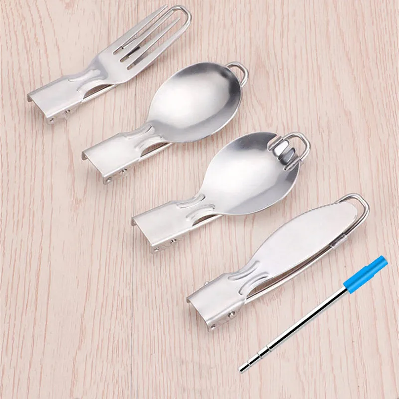 304 Stainless Steel Folding Cutlery Set Folding Knife and Fork Spoon Salad Spoon Straw Outdoor Portable Folding Tableware
