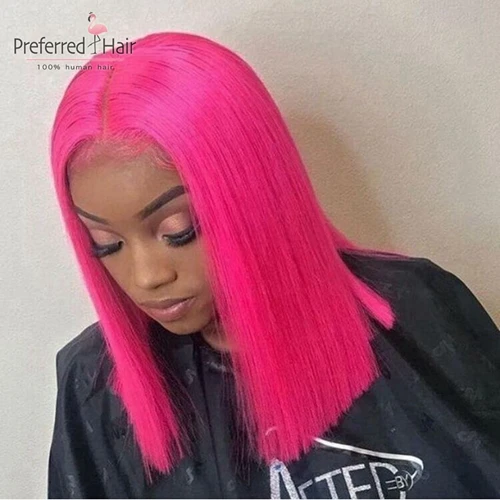 Hot Pink Предпочтительный зеленый розовый цвет 13x6 кружева спереди парик предварительно выщипанные короткие парики из человеческих волос бразильский Remy Glueless боб парики для черных женщин - Цвет: Hot Pink