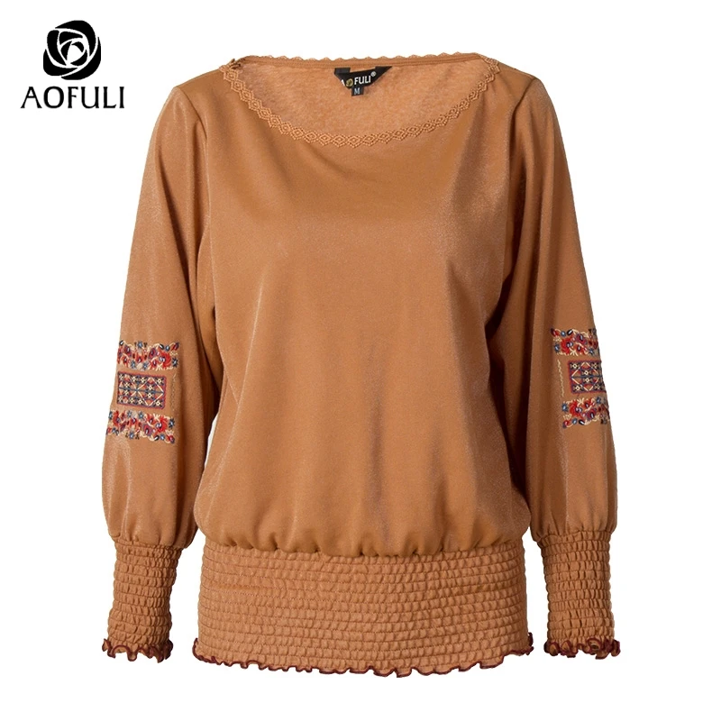 Блузка с длинным рукавом и вышивкой AOFULI B6369 L ~ 3xl 4xl 5xl|embroidered blouse|casual topstop floral |
