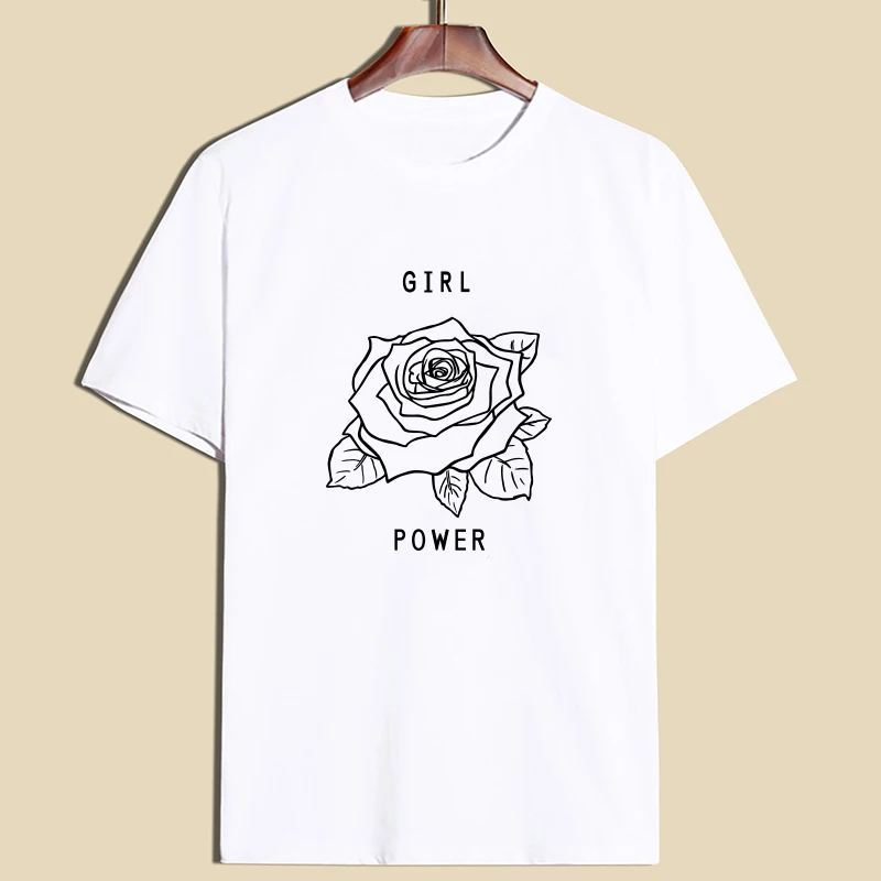Новая мода Улица "GIRL POWER" Письмо Печатные Роза короткий рукав Футболка с