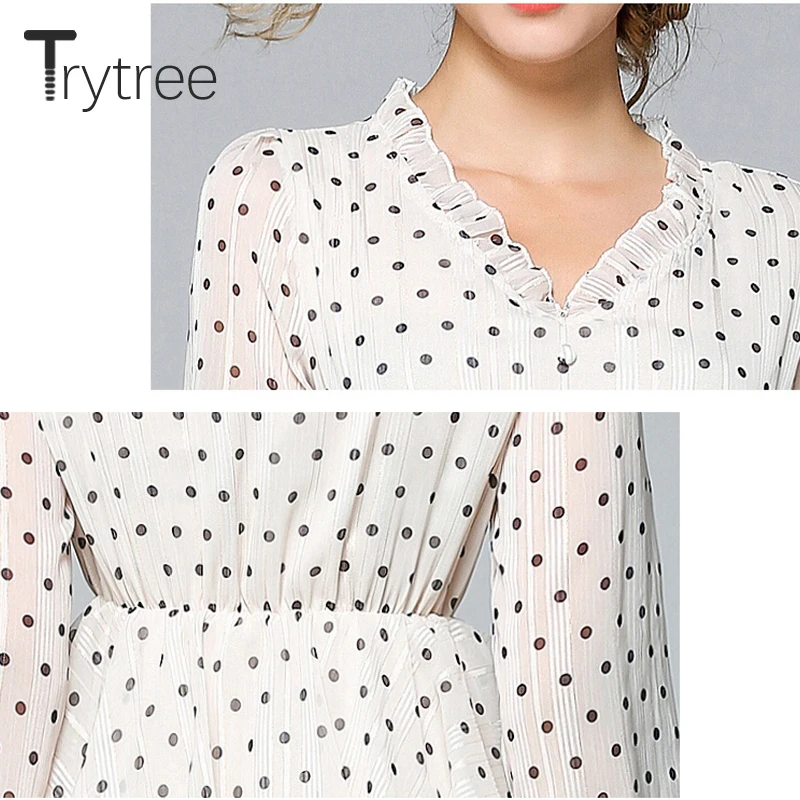Trytree 2019 лето осень повседневное элегантное платье в горошек Плиссированное с v