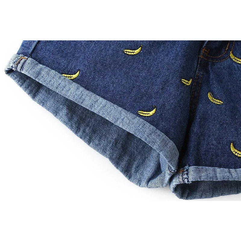Высокая Талия Джинсовые шорты Для женщин банан Вышивка Короткие джинсы Горячая