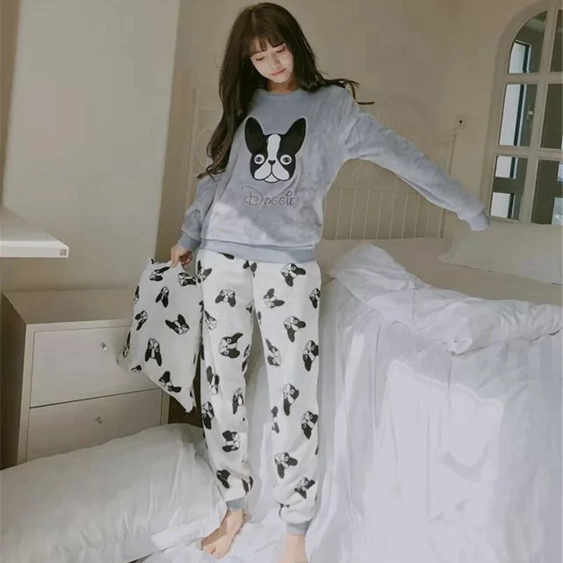 

2 Piece Velvet Pajama Set Home Suit Dog Nightwear Home Wear Women Lingerie Winter Warm Pyjama Animal Autumn Female Drop Shipping