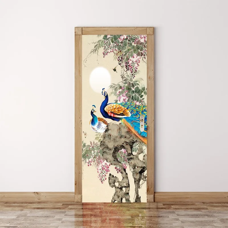 Дверная Наклейка 3D картина маслом павлина Настенная роспись Гостиная Спальня