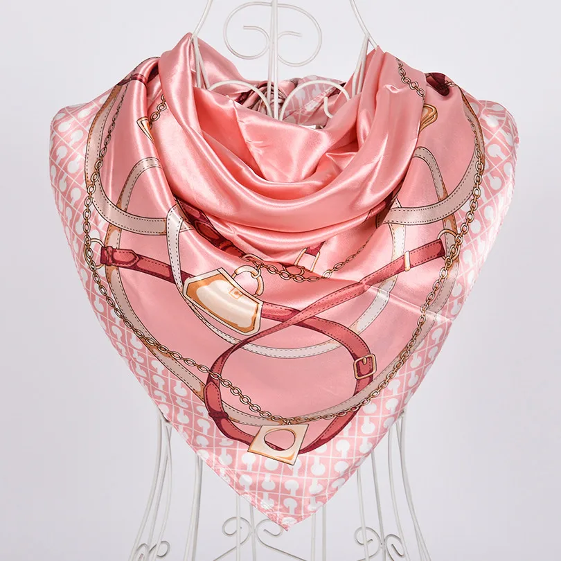 pink white chain Новое поступление женский шелковый шарф, модные аксессуары атласные большие квадратные женский шарф с принтом, дизайн бежевая шелковая шаль 90*90 см - Цвет: pink white chain