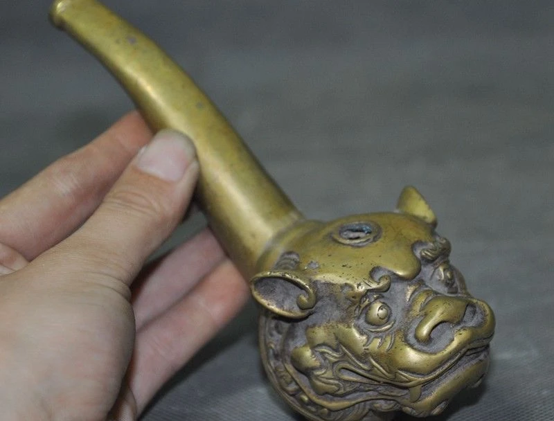 6 &quotстаринная китайская бронза foo Собака Лев Голова зверя статуя табачная трубка