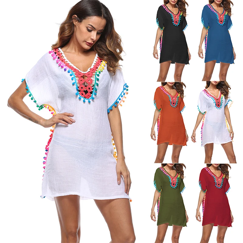 Женский модный кафтан с помпонами купальник туника Пляжное Платье