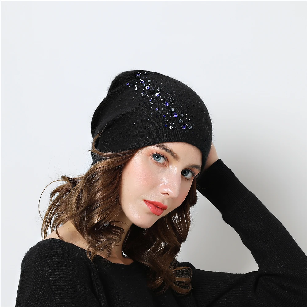 Зимние вязаные шапки для женщин Skullies Beanies с теплой подкладкой со стразами beanies шапка для женщин, хорошее качество шапки из ангорской шерсти