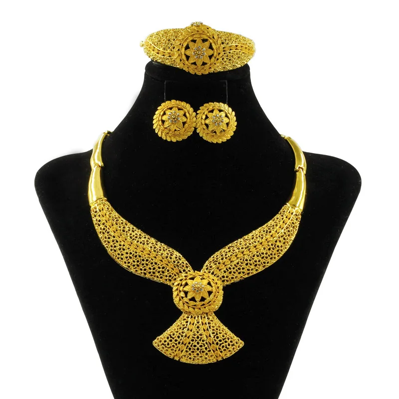 2019 Dubai Fashion Women 24 Gold Jewelry Crystal Necklace Ring Earrings Bridal Wedding Gift Accessories Jewelry Sets