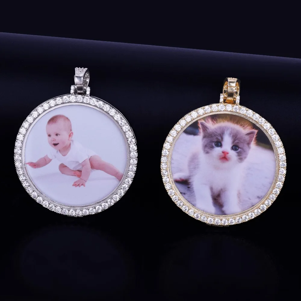 Bubble Letter Custom Circle Photo Medallions Necklace & Pendant Gold Color Cubic Zircon Men's Hip Hop Jewelry