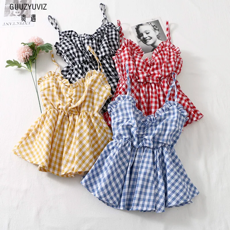 GUUZYUVIZ Camiseta Tirantes Mujer сексуальные винтажные клетчатые женские оборки без рукавов с v-образным вырезом летние топы