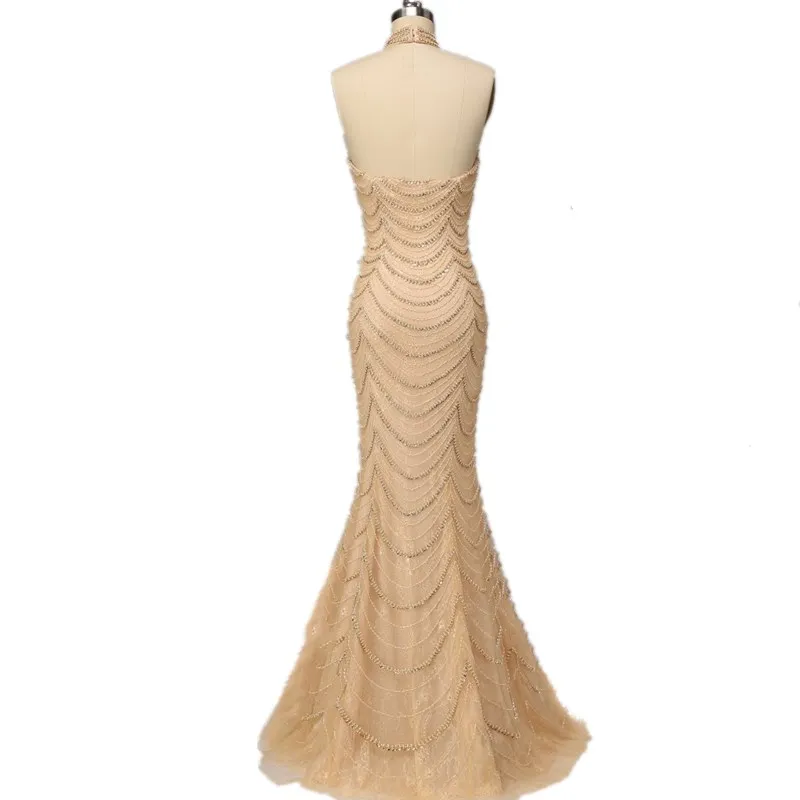 Heavy Handwork Beading Long Evening Dresses 2017 High Neck Shining Crystal mermaid  prom dress Formal Occasion Real Picture