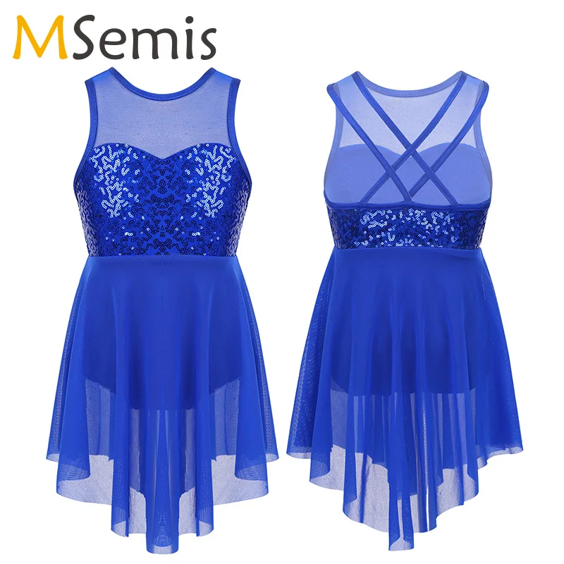 

Girls Ballet Dress Sequins Lyrical Dance Costume Kids Sleeveless Illusion Sweetheart Criss-Cross Back Irregular Hem Dance Dress