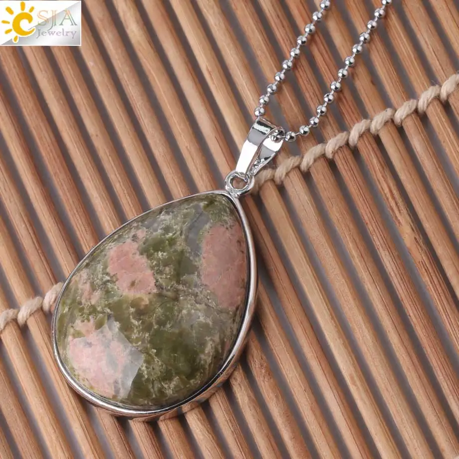 Unakite Necklace CSJA подвески из натурального камня тигровый глаз розовый кварц Фиолетовый Кристалл Lapis ОЖЕРЕЛЬЕ капли воды плоские бусины для женщин Исцеление ювелирные изделия F982 - Окраска металла: Unakite Necklace