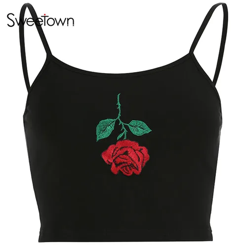 black Sweetown, модный, сексуальный, на тонких бретельках, милый женский короткий топ, Verano,, Mujer, черный, с цветочной вышивкой, укороченные, женские летние топы - Цвет: black