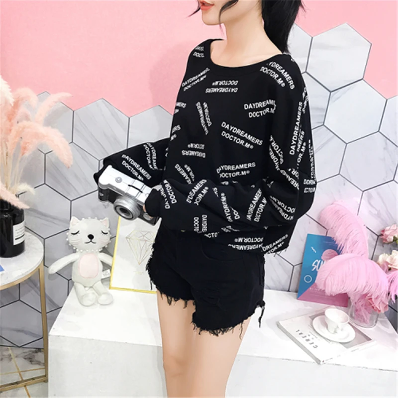 

OllyMurs New Fashion Ladies Crop Tops Loose Casual Lettter Print Women Short Sweatshirt Long Sleeve O-neck Sexy Hoodies Pullover