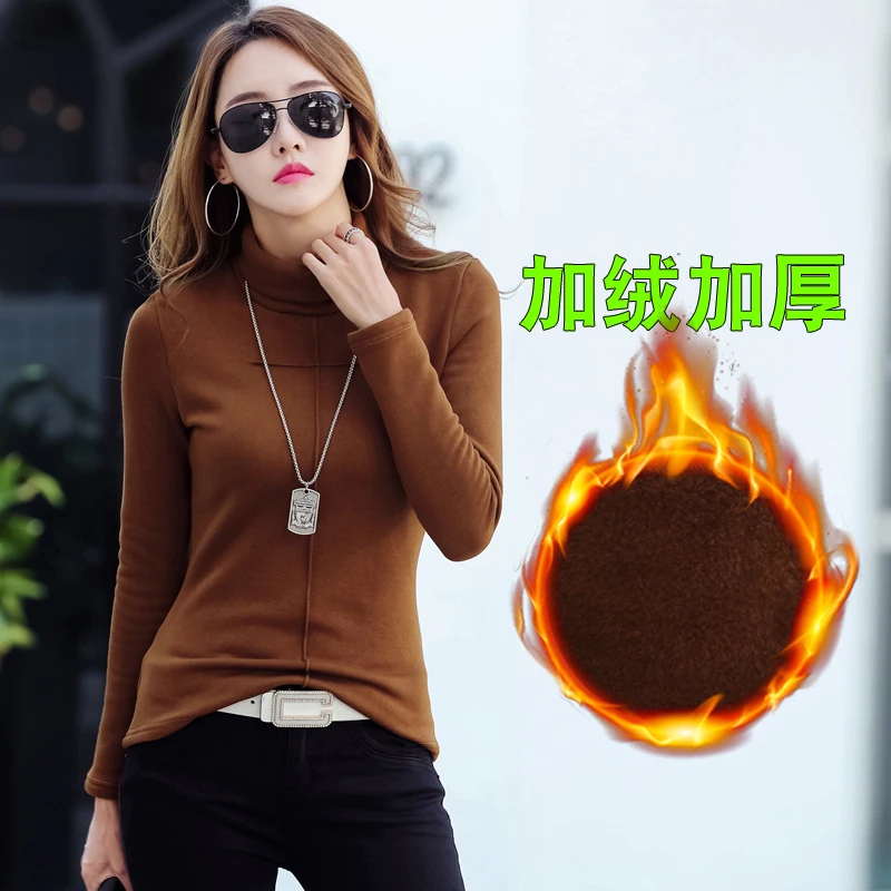 Winter Warm Velvet Tops Hot Sale Women Long Sleeve Slim Bodysuit Turtleneck Top Tee Black White Brown Velour Cotton T Shirt 1218 | Женская