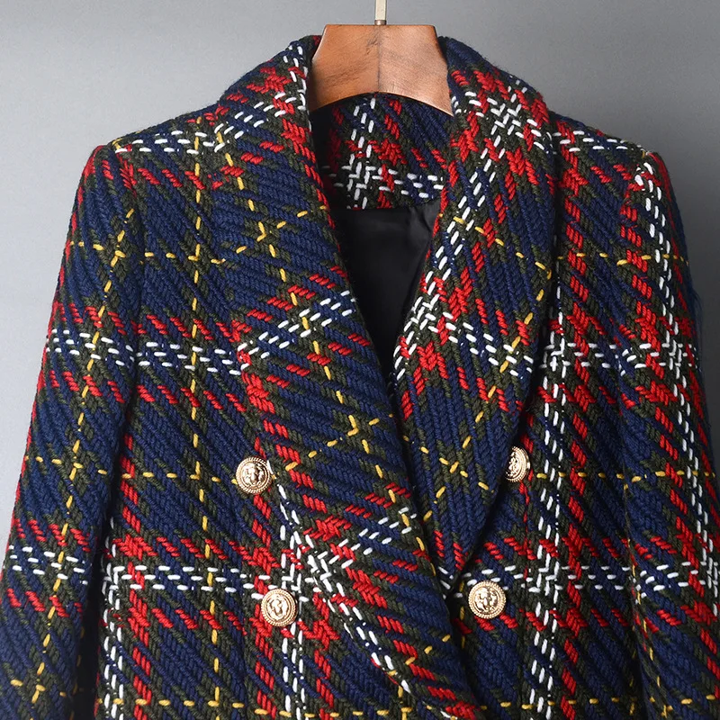 Brand 2018 New Autumn Winter Runway Designer Plaid Jacket Women's Lapel Double Breasted Metal Buttons Tweed Wool Coat Outerwear | Женская