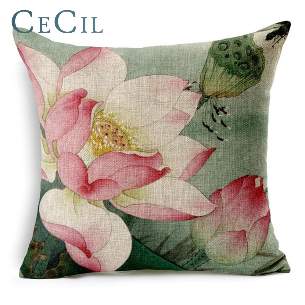 

Cecil Decorative Pillow Cover Printing Lotus Linen Cotton Hand-painted Sofa lumbar Pillow Car Cushion Cover
