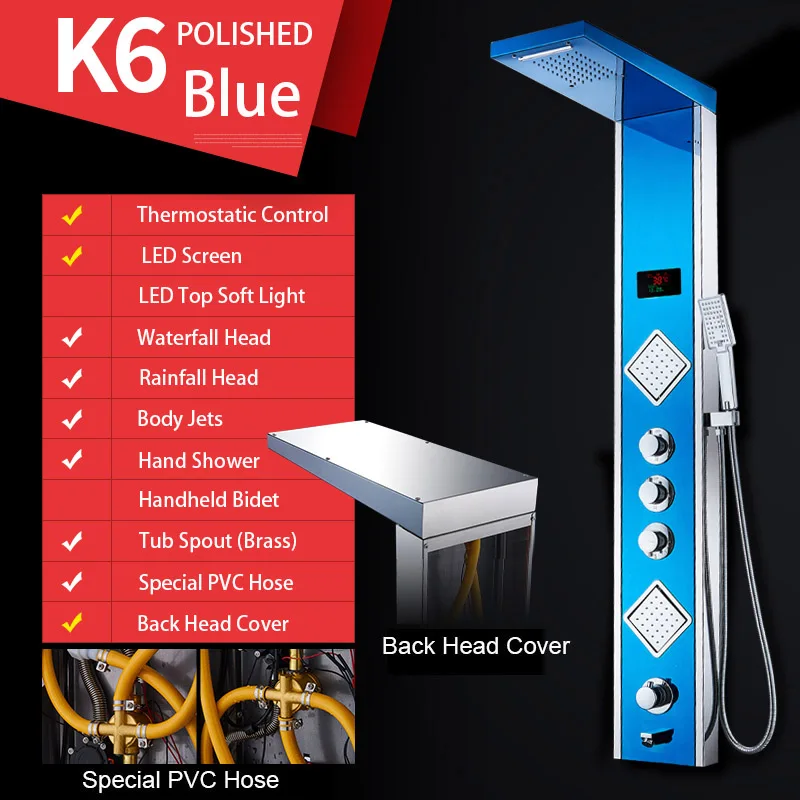 K6 Polished Blue Роскошная термостатическая контрольная складная душевая панель, полированное зеркало SUS304, с держателем-органайзером, водопад, дождь, струя тела - Цвет: K6 Polished Blue