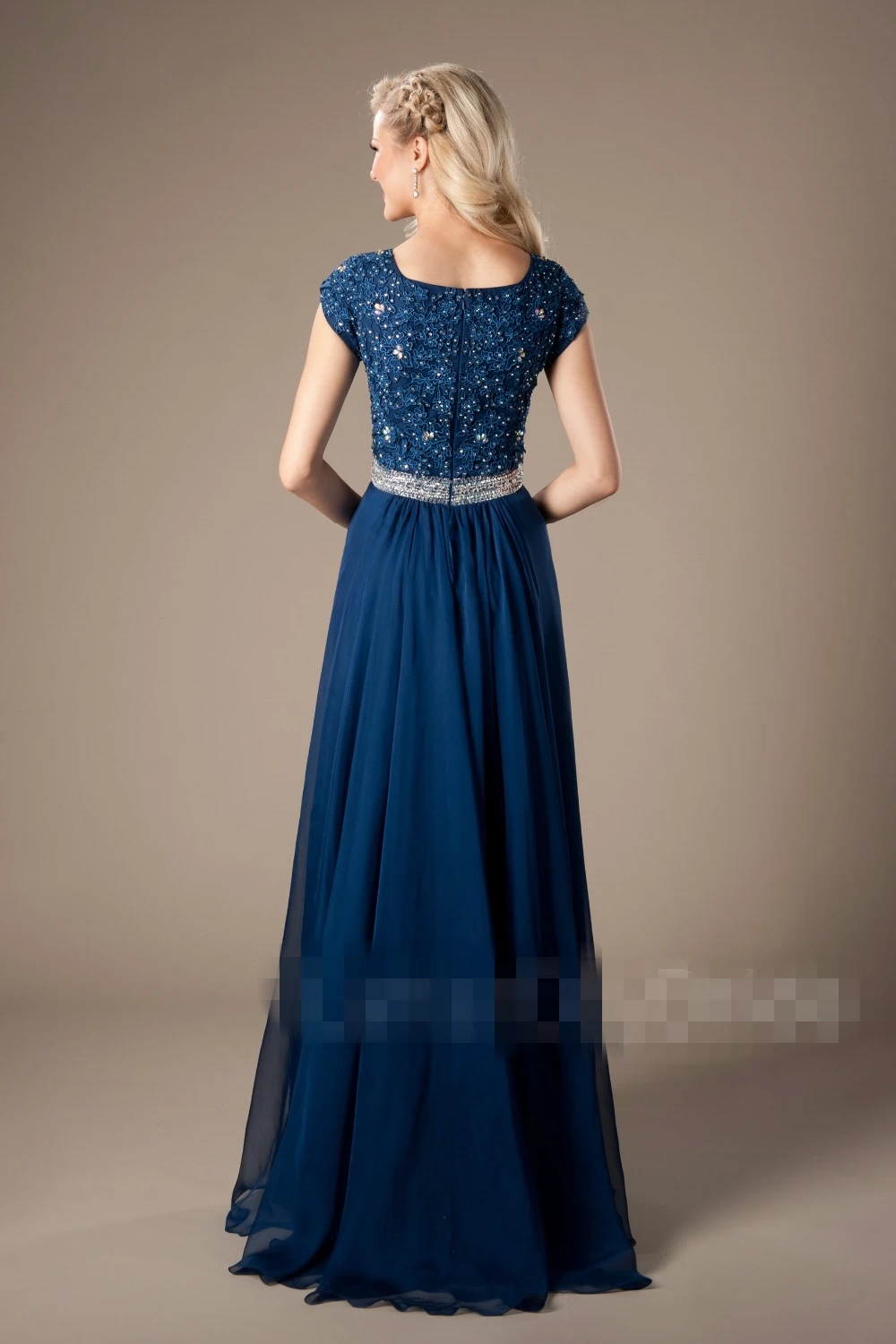 Голубое Кружевное шифоновое платье скромное на Выпускной платья с Кепки рукава