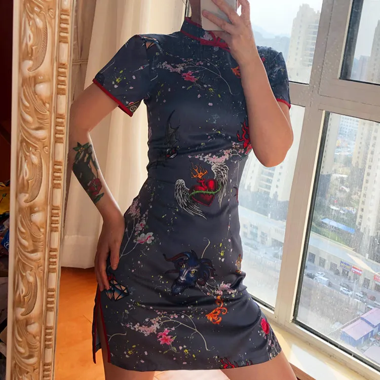 Модные платья Cheongsam с милым принтом в китайском стиле женские атласные Qipao