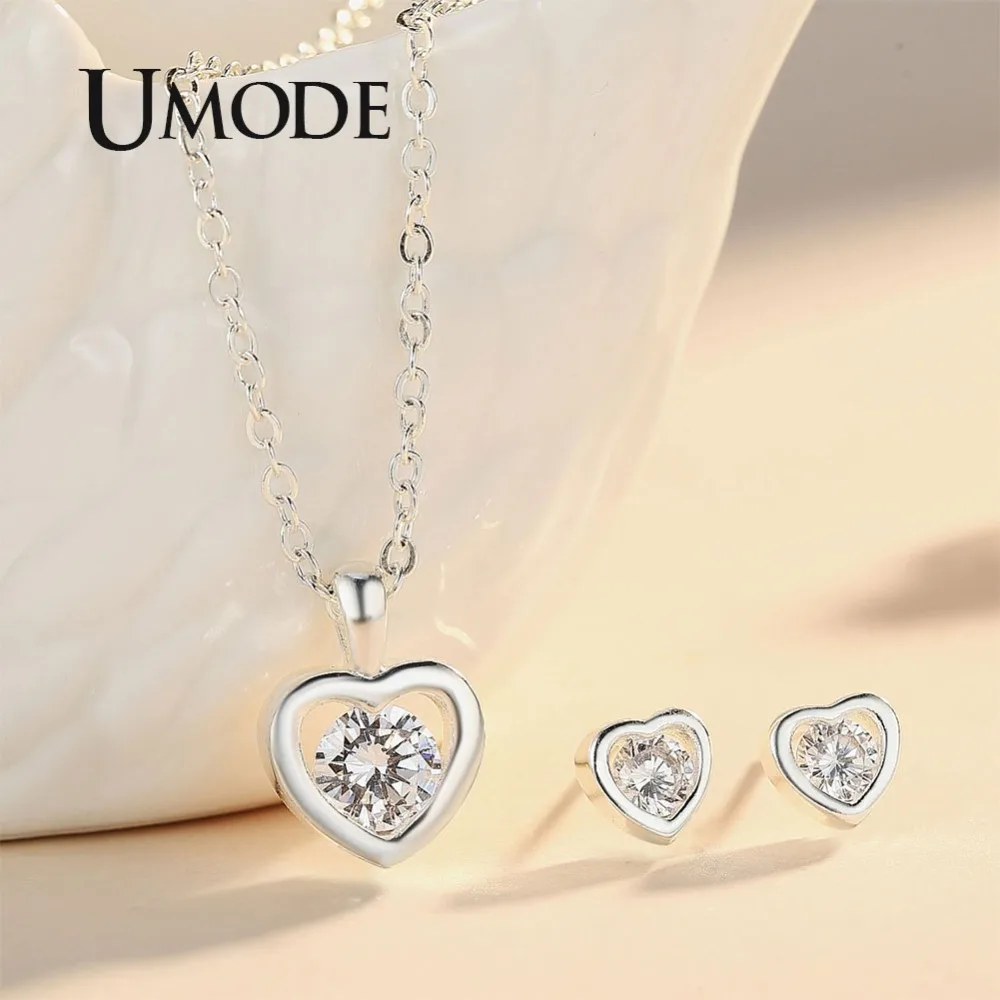 UMODE корейские маленькие милые AAA+ Сердце CZ серьги-гвоздики CZ Длинная цепочка Ожерелья Подвески Ювелирные наборы US0058