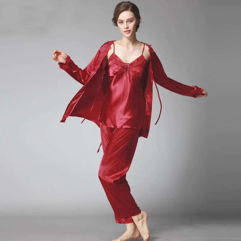 Женская шелковая атласная пижама Женский пикантный комплект из 3 предметов
