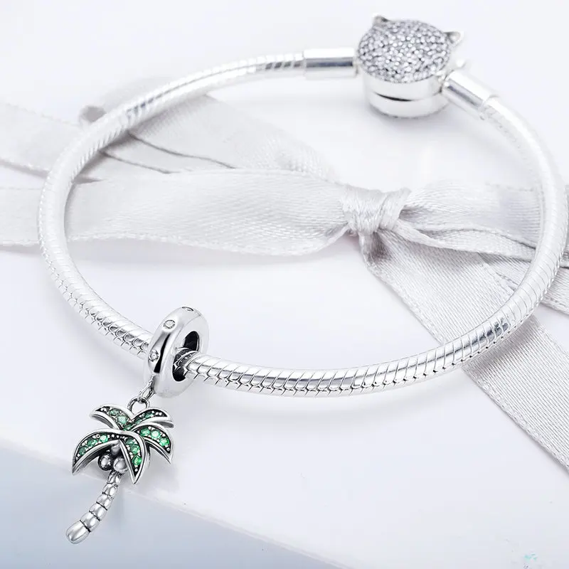 QELROE High Quality 925 Sterling Silver Coconut Tree Charm Green CZ Pendant Fit Original Pandora Bracelet DIY Charms Jewelry | Украшения и