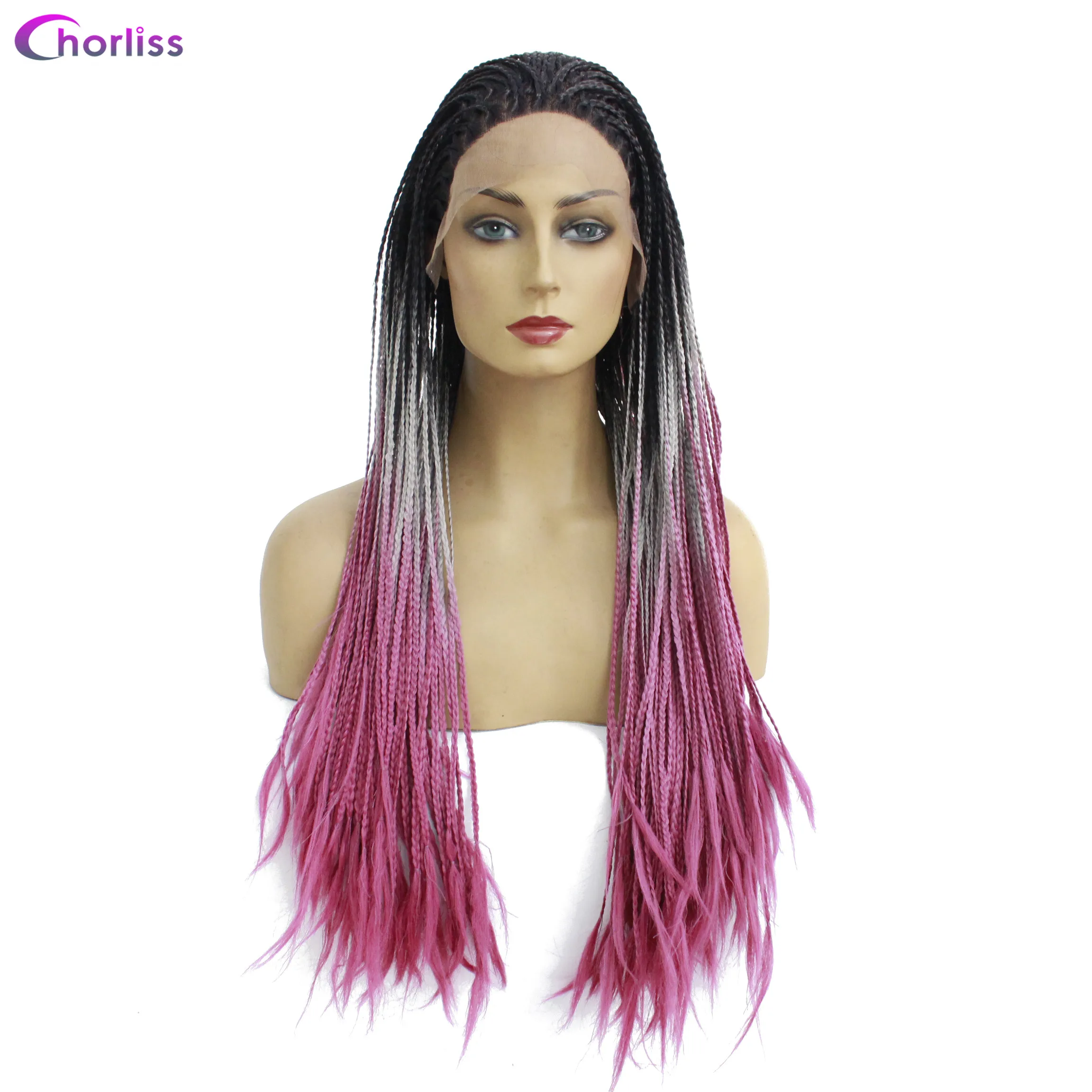 Long Braided Box Braids Wig Ombre Synthetic Lace Front Wig For Women Chorliss Hand Made Black Cosplay Wig Heat Resistant Wigs