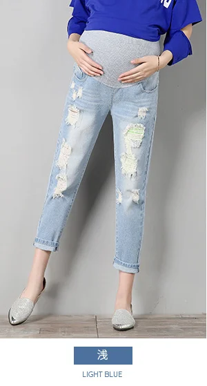 light blue Джинсы для беременных, штаны для беременных, Одежда для беременных, синие брюки с дырками, леггинсы для живота, джинсы, штаны для беременных - Цвет: light blue