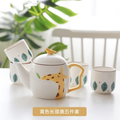4cups1potA Мультфильм керамика чай горшок бутылка для воды набор бытовой фарфор милый чашка чай кофейник, набор прекрасный Рождественский подарок быстро Post - Цвет: 4cups1potA