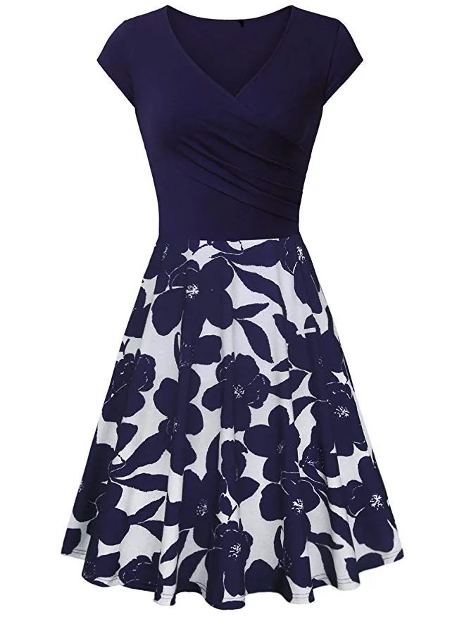 S-3XL Plus Size Summer Women Dresses Female Floral Print 50S 60S Vintage Rockabilly Dress Casual Dot A-Line Retro Dress Vestidos - Цвет: 9957 Dark Blue