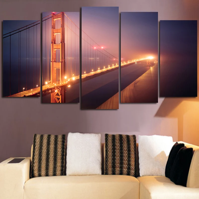

Canvas Painting Home Decor Bridge Landscape Building Night Canvas Pictures Abstract Paints Print 5planes Without Framed