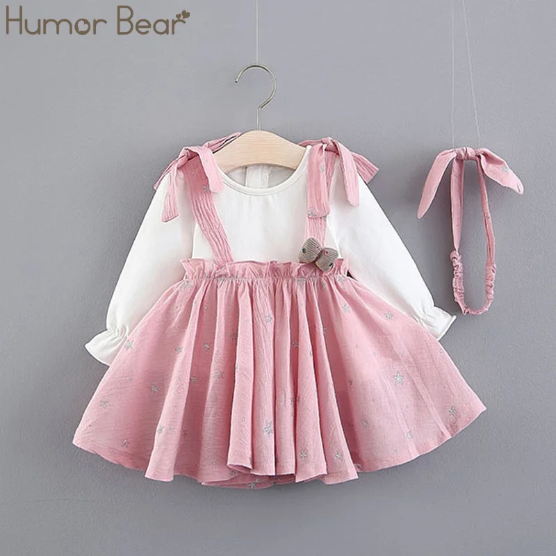 Розовый Humor Bear/детская одежда; платье для девочек; сезон весна-осень; хлопковые вечерние платья с бантом и длинными рукавами с имитацией двух предметов; Милая одежда для маленьких девочек - Цвет: Розовый