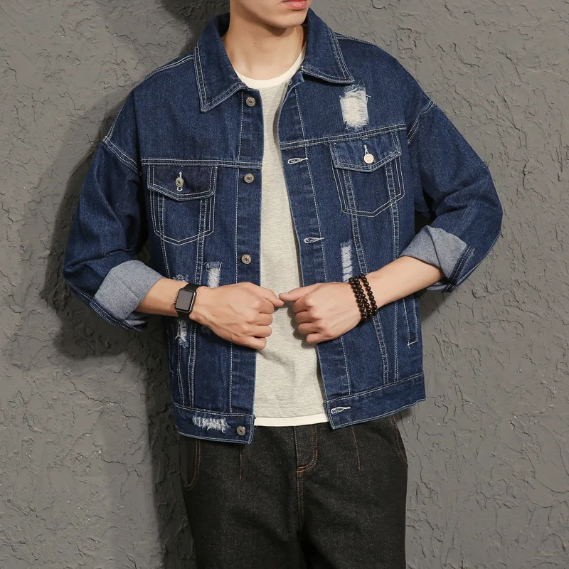 LEDINGSEN новые дизайнерские Синие рваные джинсовые куртки для мужчин Vinage Distressed