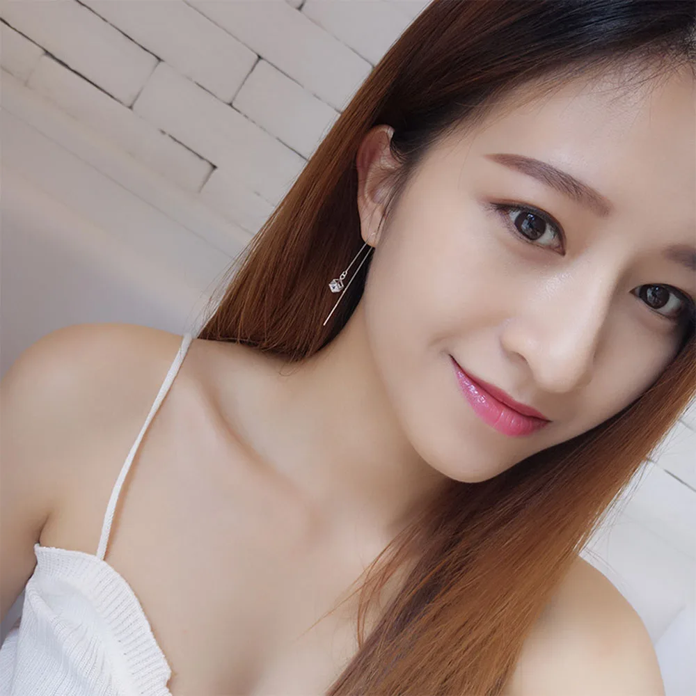 

Authentic 925 Sterling Silver Earring Rubik's Cube Crystal Box Chain Ear Line Stud Earring For Women Wedding Party Jewelry Gift