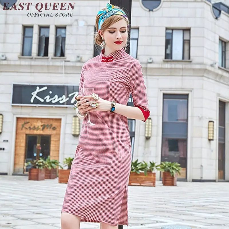 

Modern qipao dress female modern chinese dress short red plaid modified cheongsam Chinese oriental dresses AA2572 YQ