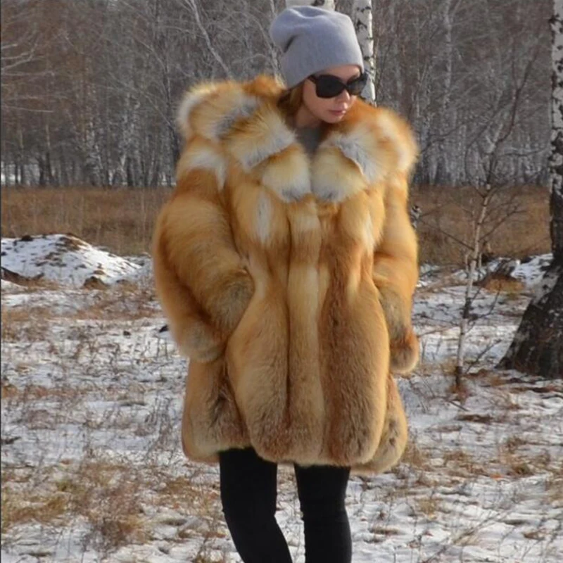 Шуба из красного лисьего меха для женщин зимняя верхняя одежда толстые пальто