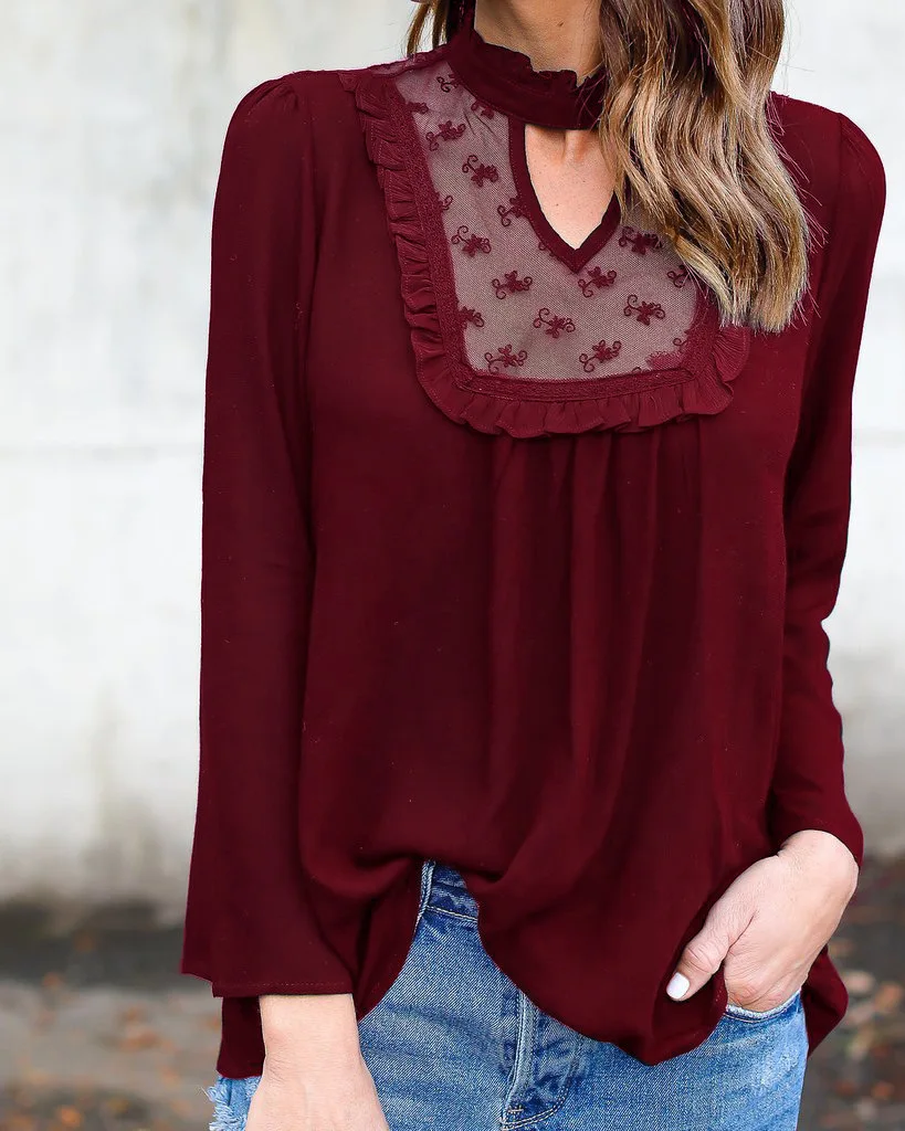 Кружево Вышивка Лоскутное сплошной цвет Шифоновая Блузка Летняя женская