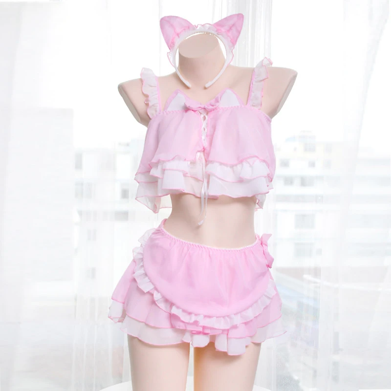 SO Kawaii, сексуальный женский комплект нижнего белья, комплект нижнего белья в стиле Лолиты, аниме, костюм для косплея, кошечка для девочек, Топик с оборками, нижнее белье