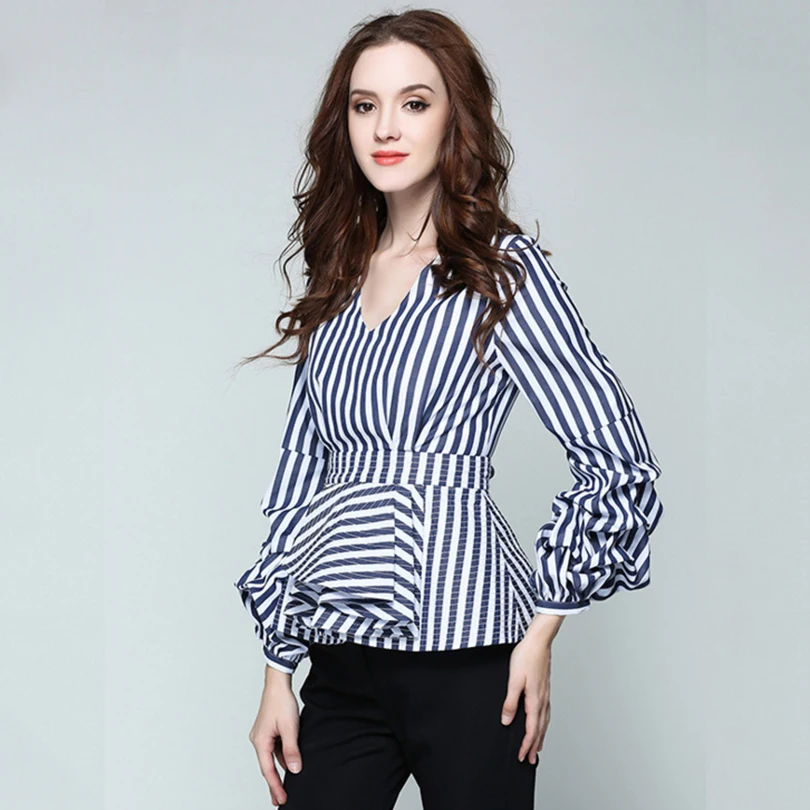 Женская блузка с рюшами топ v-образным вырезом и рукавами-фонариками в полоску 2017