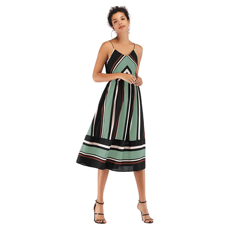

Spring/summer 2019 dress in Europe and the United States women's long V-neck striped color matching condole belt chiffon skirt