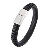 hot style black braided leather rope bracelet for men jewelry punk steel magnetic clasp bracelet handmade male wristband sp0402