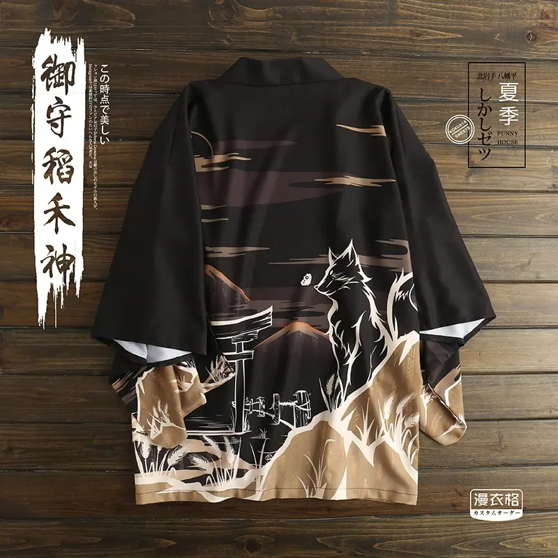 Японское кимоно с принтом лисы Fushimi Inari Taisha Haori Yukata, Модный женский летний солнцезащитный кардиган, пальто для косплея, топы для пар