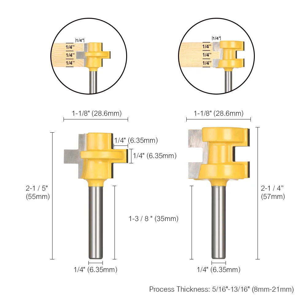 2 шт. Комплект фрез для протачивания пазов 3/4 Stock 1/4 "для конических 3 зубца T-shape