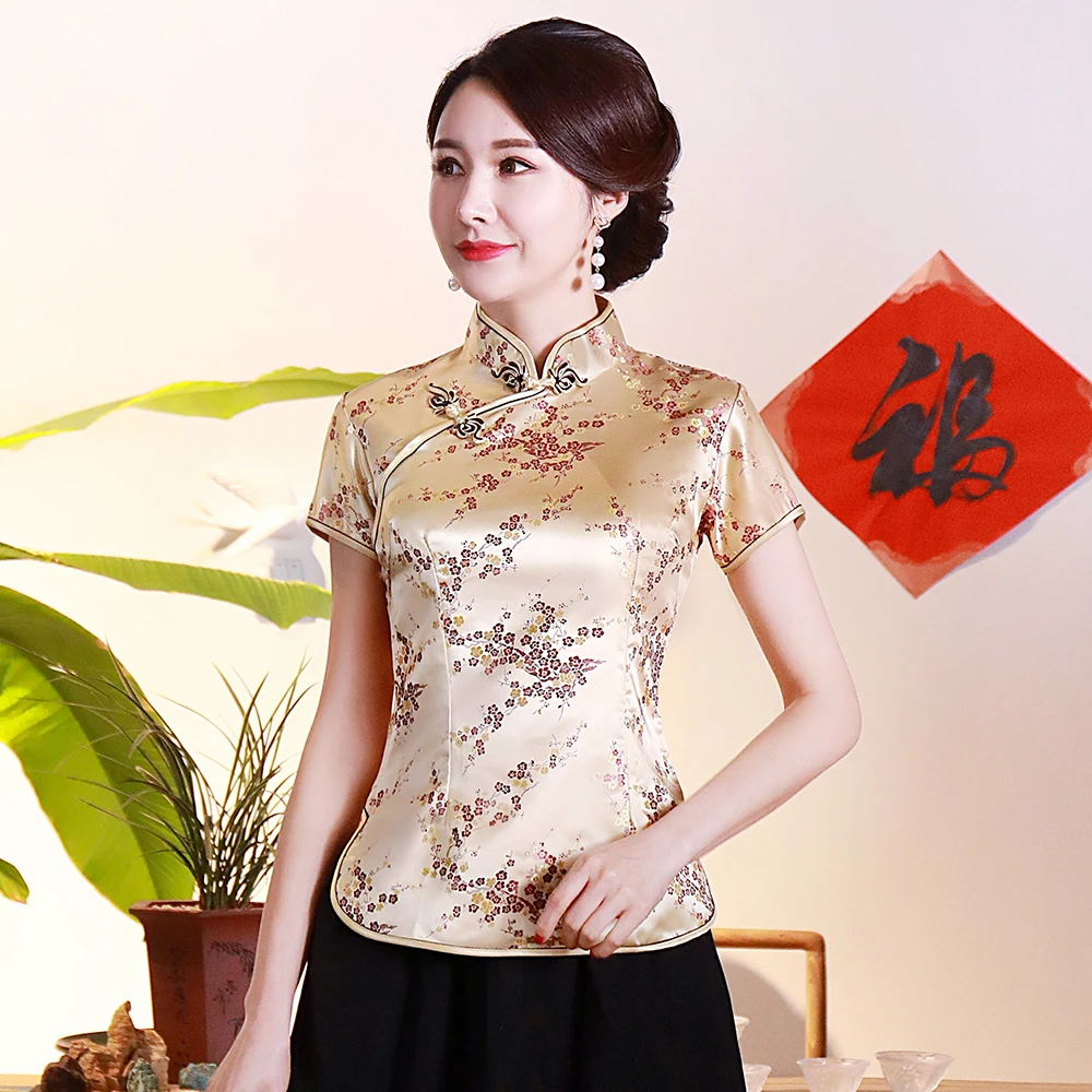 

Vintage Slim Asian Women Blouse Plus Size 3XL 4XL Cheong-sam Collor Tops Shirts Flower Elegant Oriental Stage Show Clothing