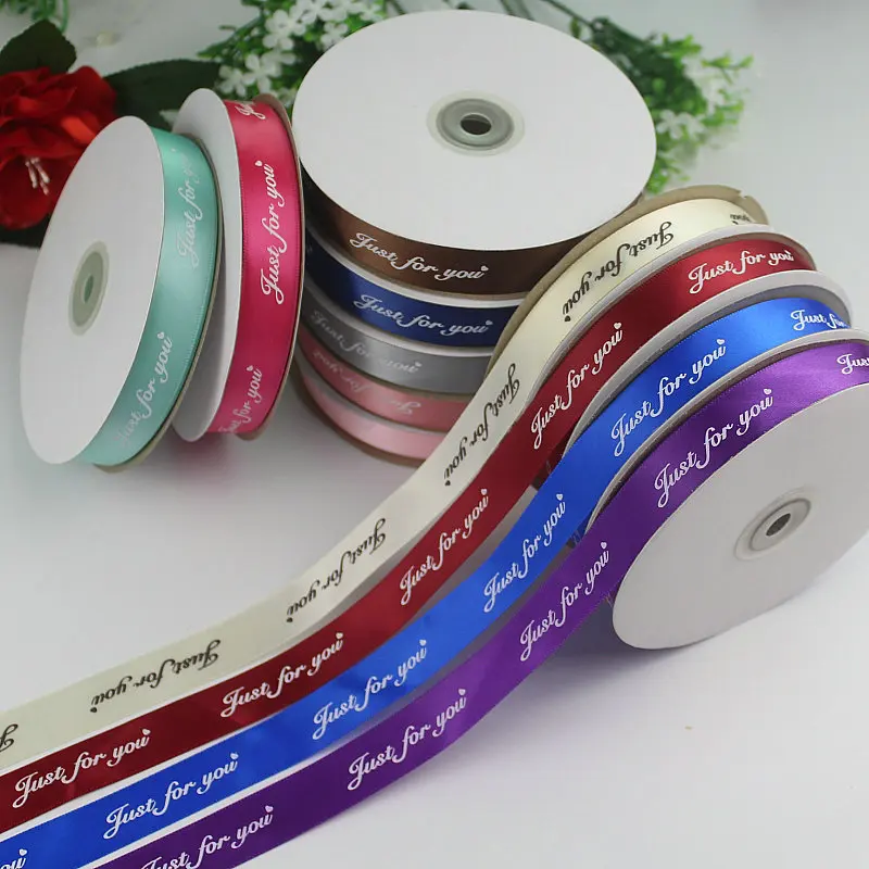 100yard Prined "Just for u" logo Satin Full Reel Single Sided Faced Fabric Ribbon For cake gift satin ribbon packing Craft