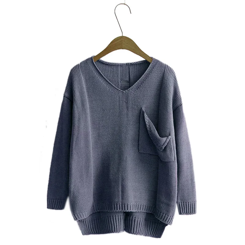 Casual V-neck Knitted Sweater Women Autumn Sweaters Pullover Female Pocket Side Split Jumper Pullovers | Женская одежда