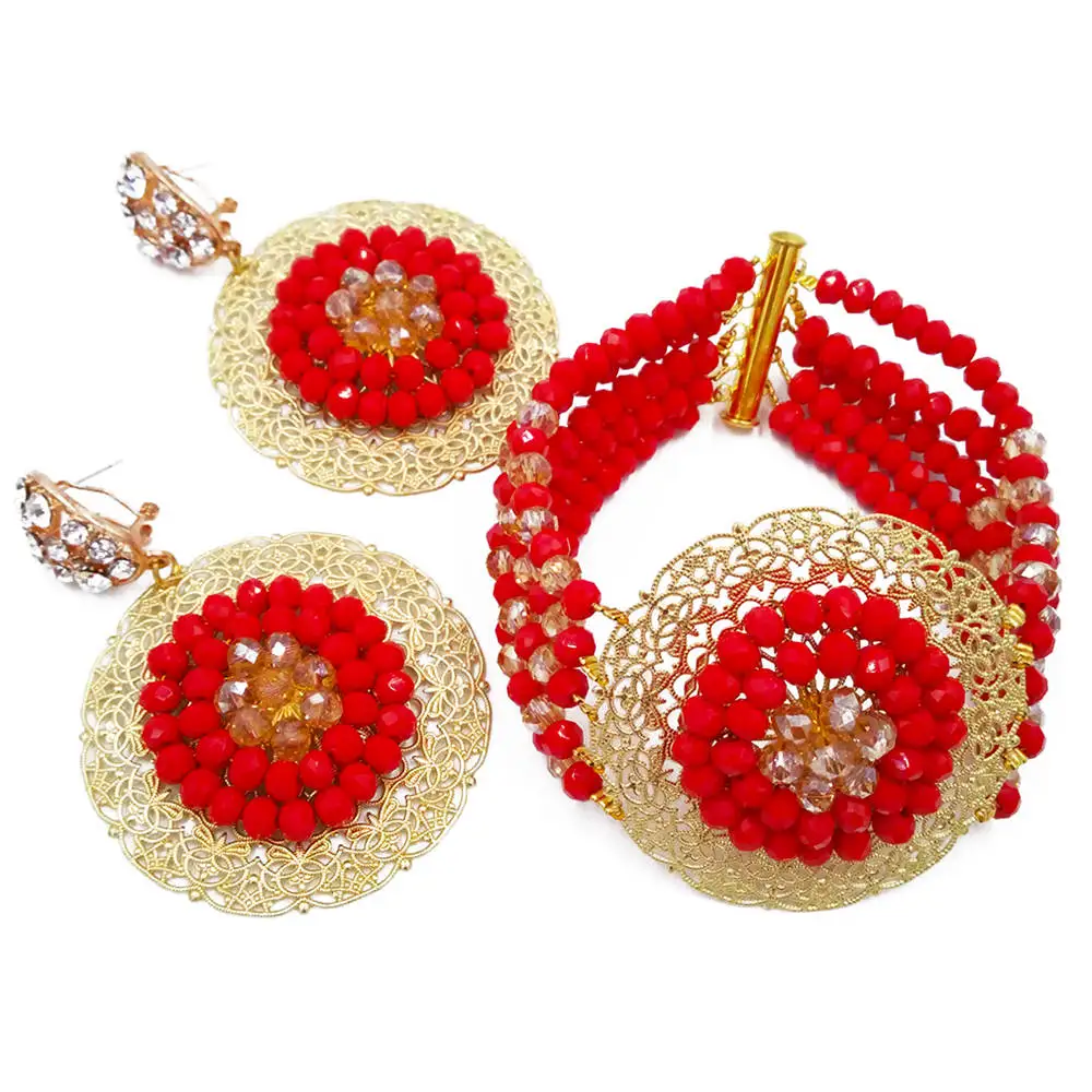 Fashion Opaque Red and Champagne Gold AB African Wedding Beads Necklace Bracelet Earrings Nigerian Jewelry Set for Women 9PHK06 | Украшения